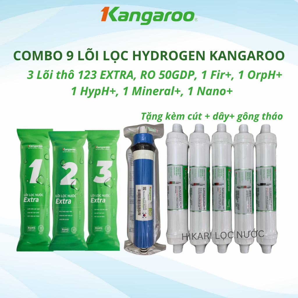 Combo 9 Lõi Lọc Nước KANGAROO Dòng Hydrogen Model KG100HQ, KG100HA, KG100HB Gồm 123 Màng RO Fir OrpH