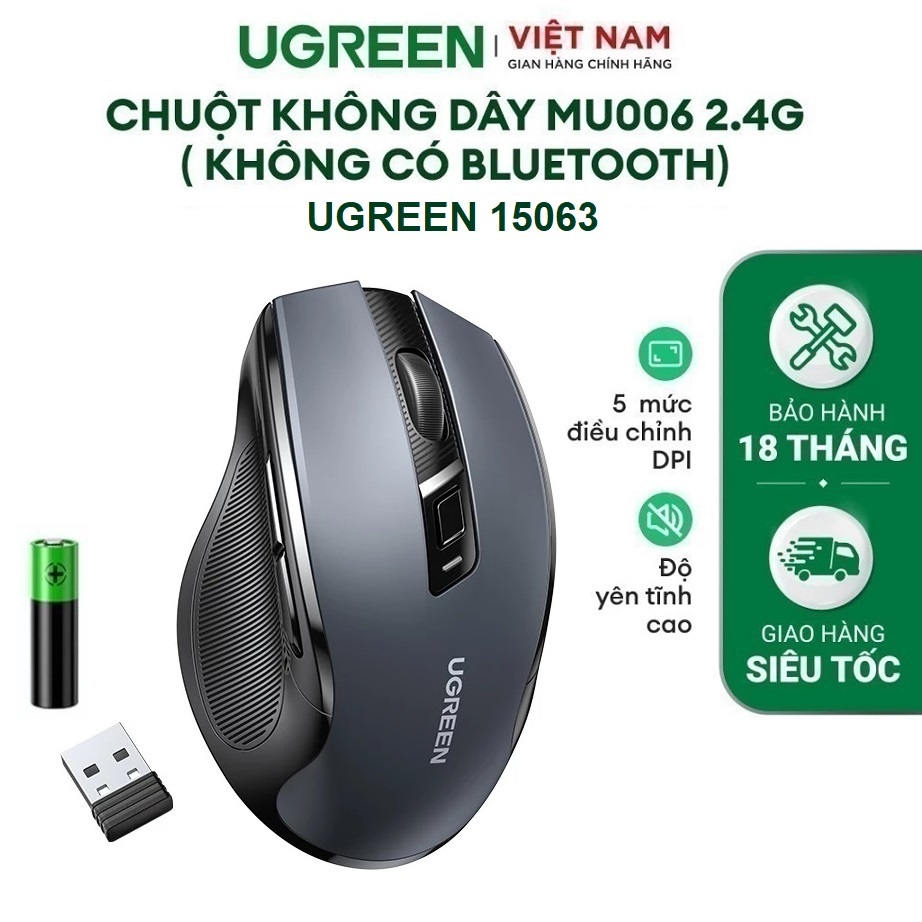Chuột không dây chính hãng Ugreen 15063 / 90371 MU006 Ultra Silent Click, Chuột công thái học 5 cấp 