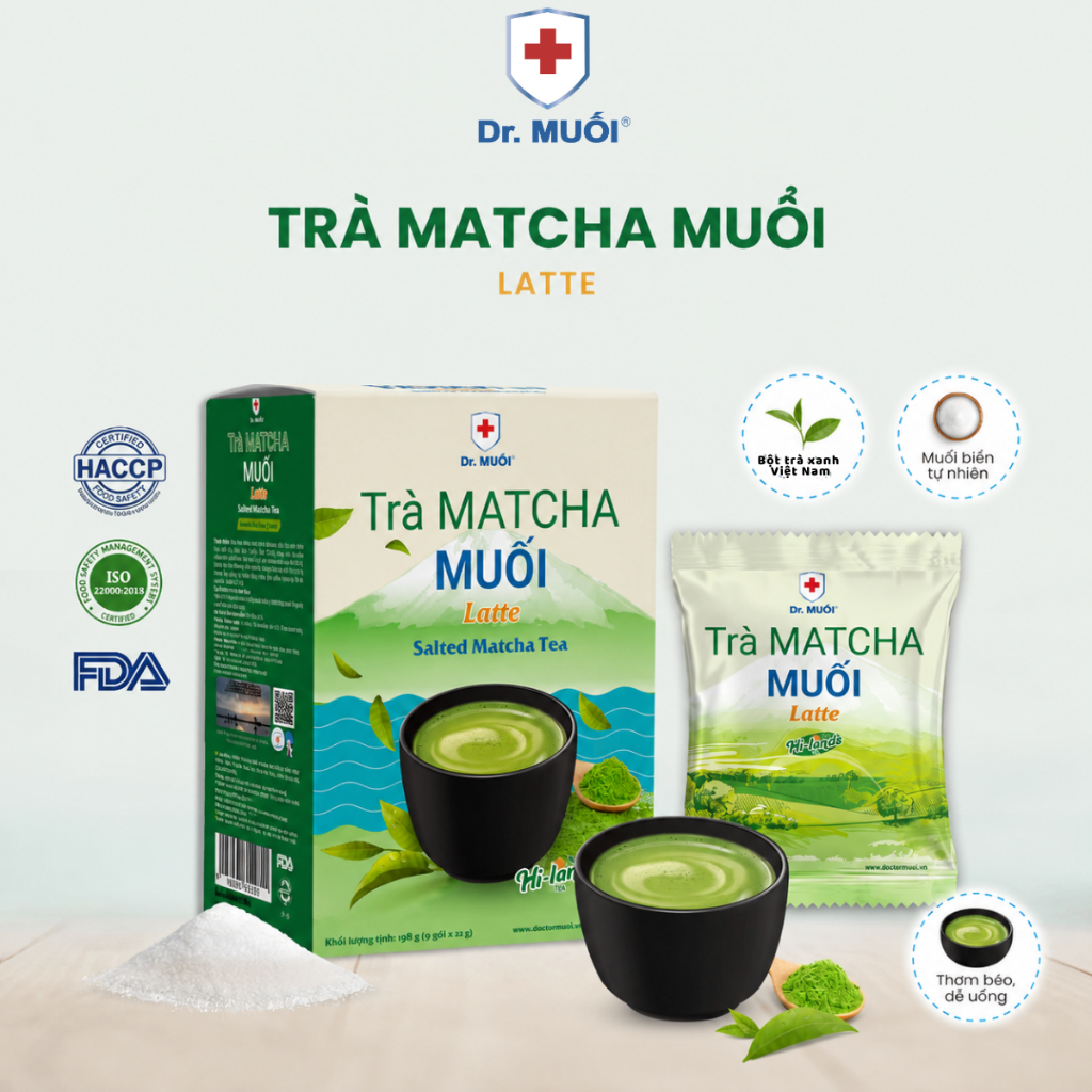 Trà Matcha Muối Latte Bột Trà Xanh Hộp 198g Mr.Muối Hương Vị Việt Truyền Thống Đậm Vị (Hộp 9 Gói)