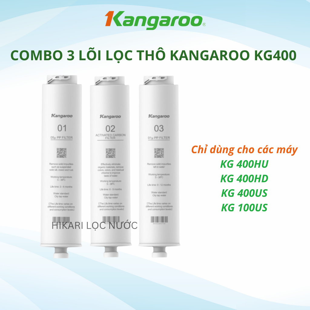 Bộ 3 lõi lọc thô Kangaroo 400HU chính hãng dùng cho các máy lọc nước KG400HU, KG400US, KG400HD,...