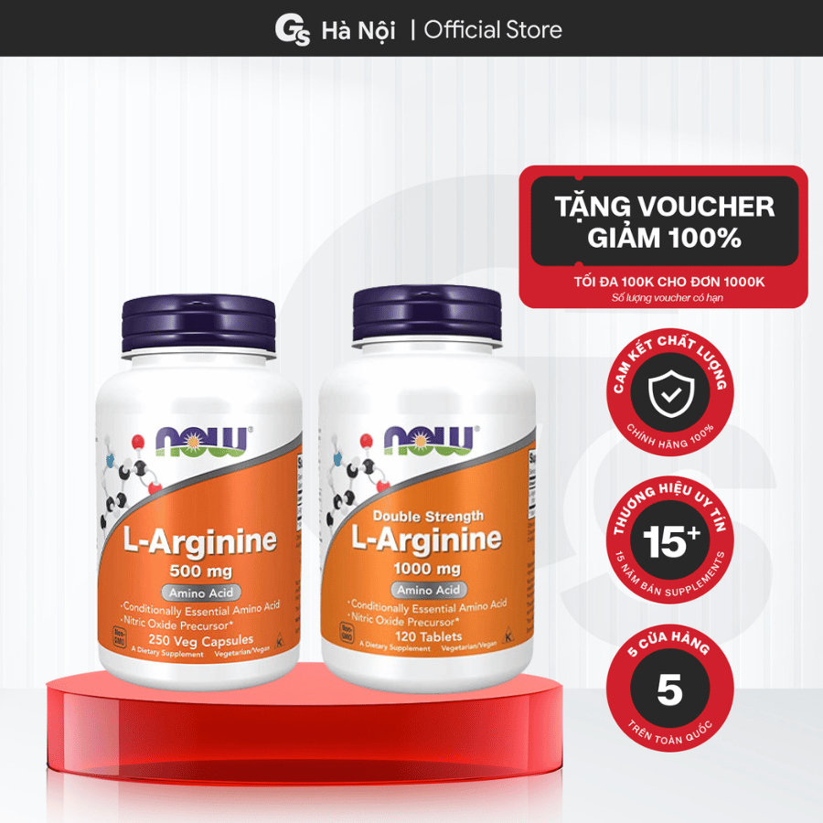Viên uống Now L-Arginine 500mg/1000mg, hỗ trợ tăng cường lưu thông máu, bơm cơ tối đa - Gymstore