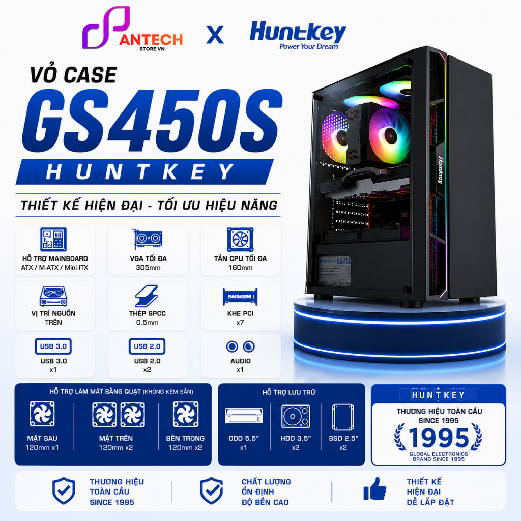 Vỏ Case Huntkey GS450S Đen - Thùng Máy Mid Tower Chắc Chắn, Hỗ Trợ VGA 305mm, Cổng USB 3.0 Tiện Lợi 