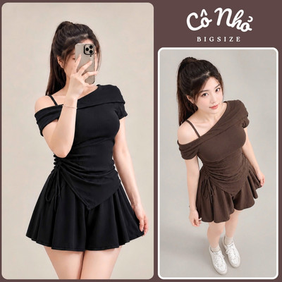 Set Đồ Nữ Bigsize Áo Trễ Vai Vạt Chéo Eo Che Bụng Kèm Quần Đùi Xòe Lưng Chun Vải Thun Gân SET823