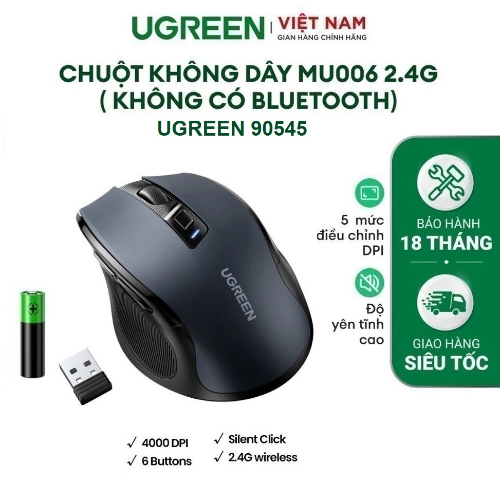 Chuột không dây 2.4G Silent Click 4000 DPI chính hãng Ugreen 90545 MU006 cao cấp - Bảo hành 24 tháng
