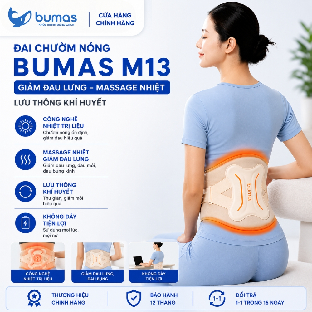 ƠMáy Chườm Ấm Massage Lưng Bụng BUMAS M13 - Đai Chườm Ấm Thảo Dược Kết Hợp Massage Nhiệt Trị Liệu