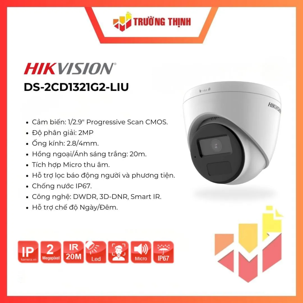 Camera Hikvision DS-2CD1321G2-LIU | Hồng ngoại + ánh sáng trắng 20m | Chuẩn IP 67 | 2MP