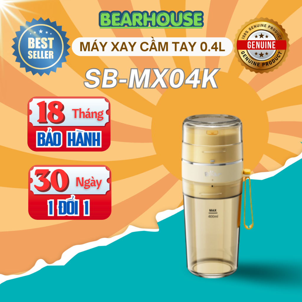 Máy Xay Sinh Tố Cầm Tay Bear SB-MX04K Chính Hãng – Mini Sạc Pin, 2 Cối 400ml + 100ml, 70W, Xay Trái 