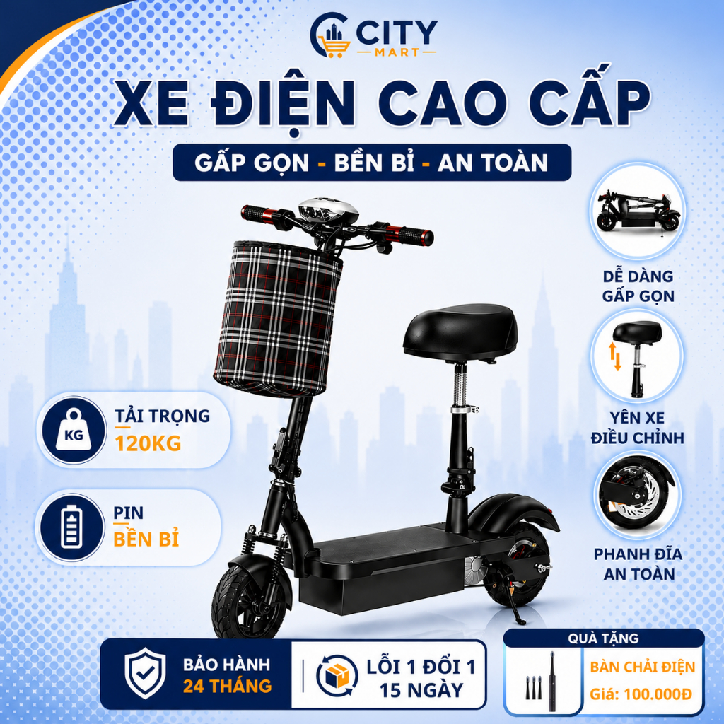 Xe điện mini E-Scooter cao cấp, Xe điện mini gấp gọn, bánh 8 inch, động cơ mạnh,dung lượng pin lớn