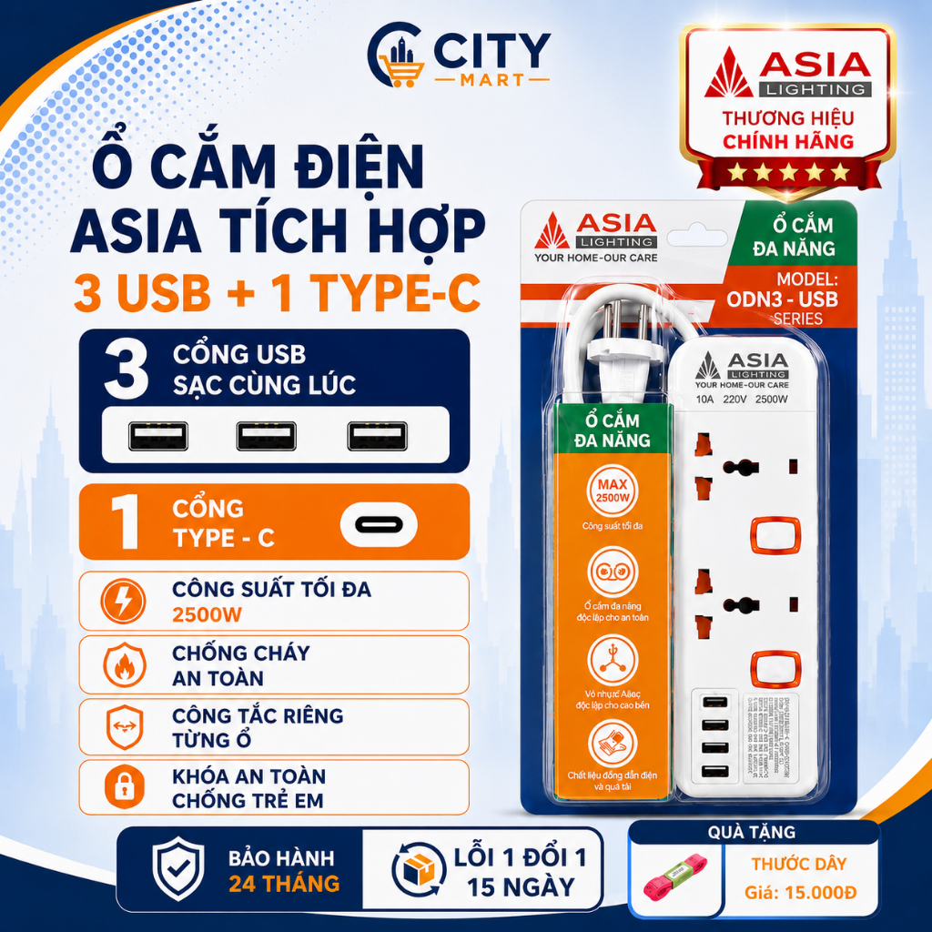 Ổ Cắm Điện Đa Năng ASIA Lighting có cổng TYPE - C, 3 Cổng USB, Công Suất 2500W, Có Công Tắc An Toàn