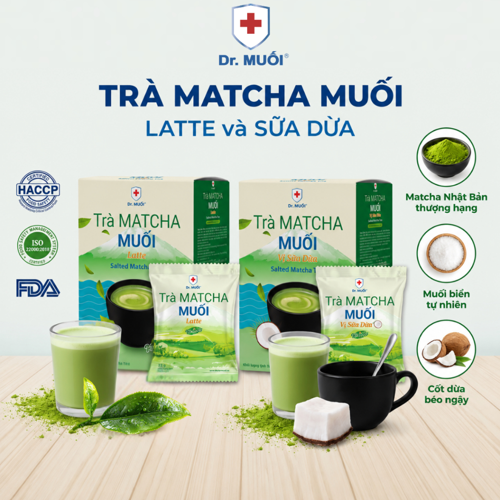 Combo 2 Hộp: Trà Matcha Muối Vị Matcha Latte + Vị Sữa Dừa Hương Vị Việt Hộp 198g Mr.Muối (Hộp 9 Gói)