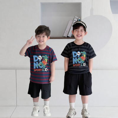 Bộ cộc kẻ bé trai hình khủng long chất liệu thun cotton mềm mát size từ 15-45kg - Quần áo trẻ em nam Loza Kids CK685