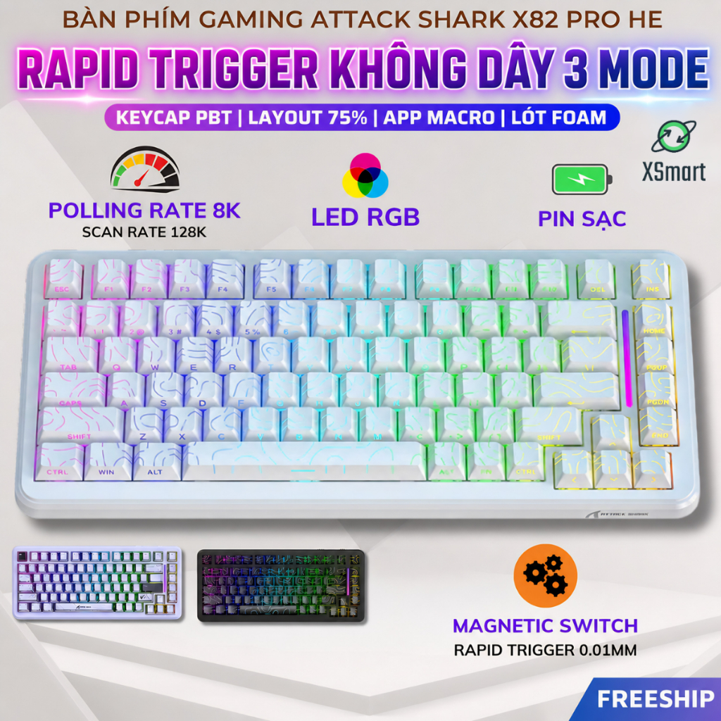 Bàn Phím Gaming Không Dây Rapid Trigger Attack Shark X82 PRO HE LED RGB 3 Mode Pin Sạc Keycap PBT