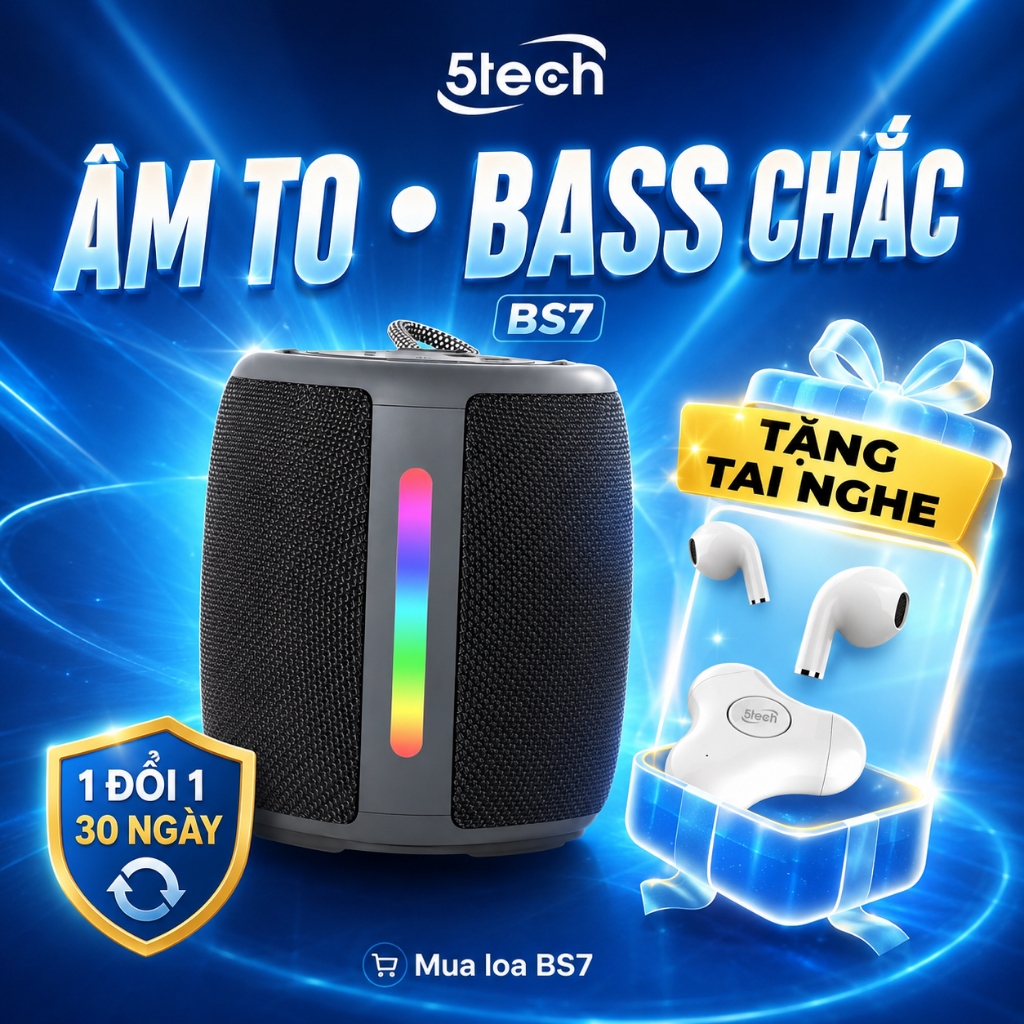 Loa bluetooth 5TECH, loa nghe nhạc mini cầm tay, LED RGB, bass mạnh, pin trâu