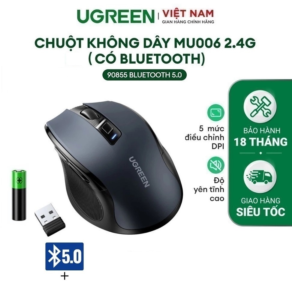 Chuột không dây + Bluetooth 5.0 chính hãng Ugreen 90855 / 90545 MU006 cao cấp 2.4Ghz Silent Click dù