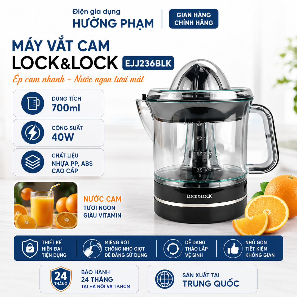 Máy Vắt Cam LocknLock EJJ236BLK - Công suất 40W - Hàng Chính Hãng