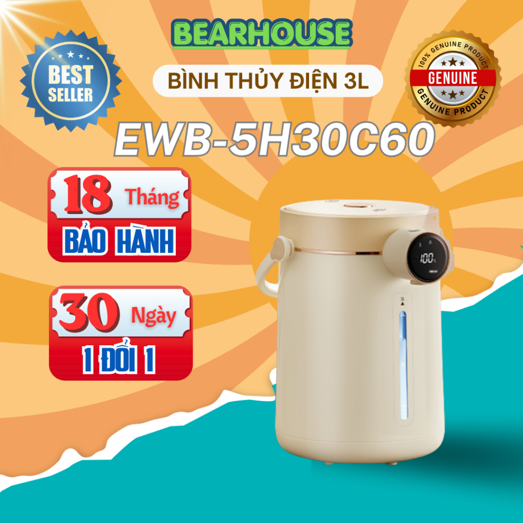 Bình Thủy Điện Bear 3L EWB-5H30C60 Chính Hãng – 11 Mức Nhiệt, 1350W, Khử Clo, Giữ Ấm, Inox 304 An To