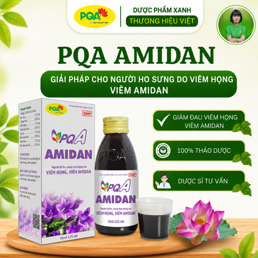 Amidan PQA Hỗ Trợ Giảm Ho Bổ Phế Giảm Sưng Đau Viêm Họng Viêm Amidan – Hộp 125ml