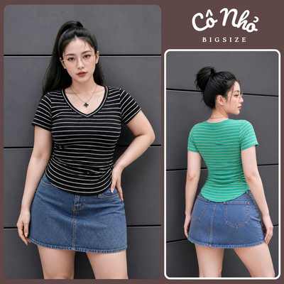 Áo Kẻ Sọc Bigsize Nữ Cổ Tim Tay Ngắn Vạt Bầu Che Bụng Vải Thun Gân Co Giãn Tốt Tôn Dáng G85