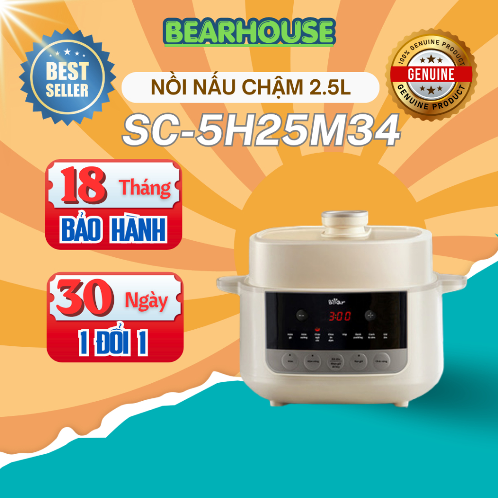 Nồi Nấu Chậm Bear 2.5L SC-5H25M34 Hầm Cháo Chưng Yến Nấu Soup Đa Năng Giữ Nhiệt Tốt Chính Hãng