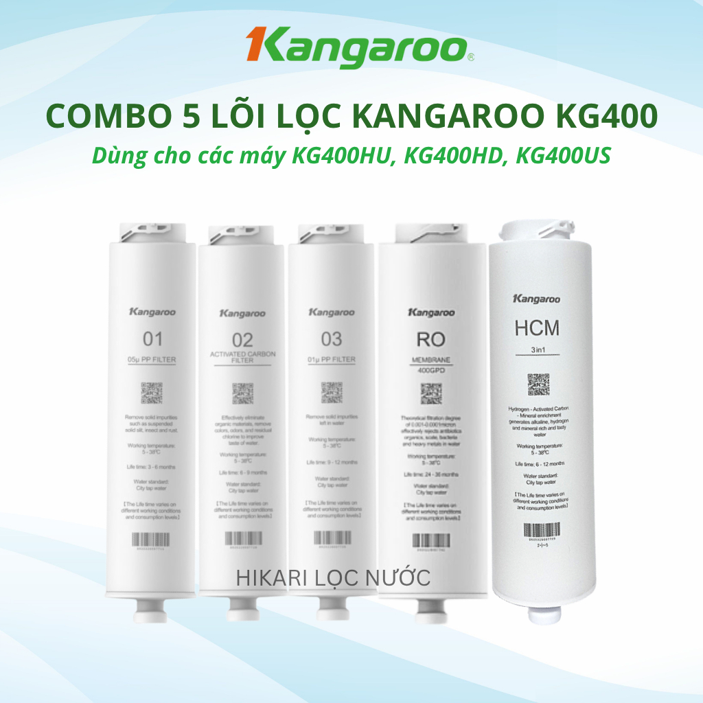 Bộ 5 lõi lọc Kangaroo 400HU chính hãng dùng cho các máy lọc nước KG400HU, KG400US, KG400HD,...