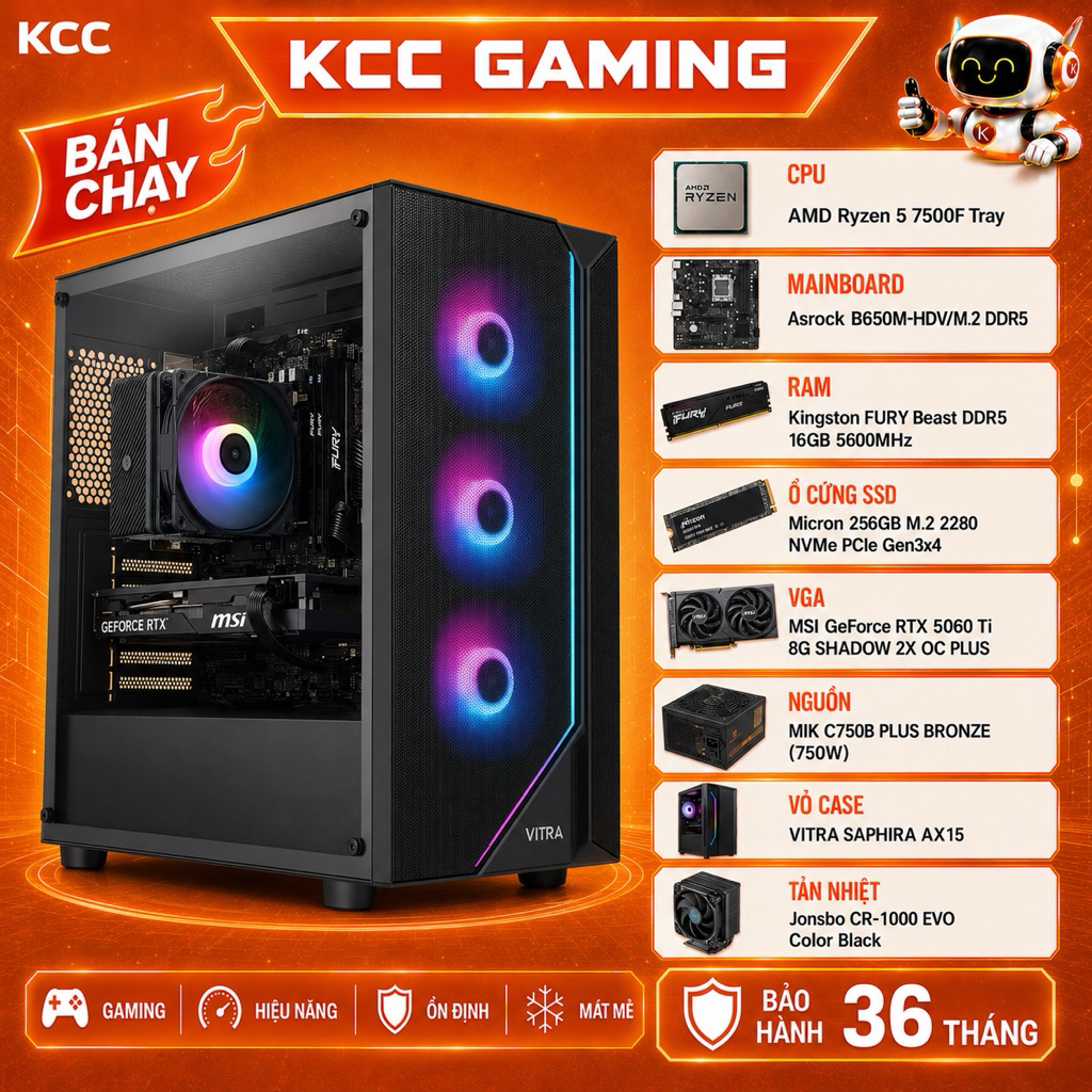 Bộ PC AMD Gaming Đồ Họa KCC 7500F, 12400F - RTX 3060 5050 5060 9060 XT 16GB - Mới Bảo Hành 3 Năm