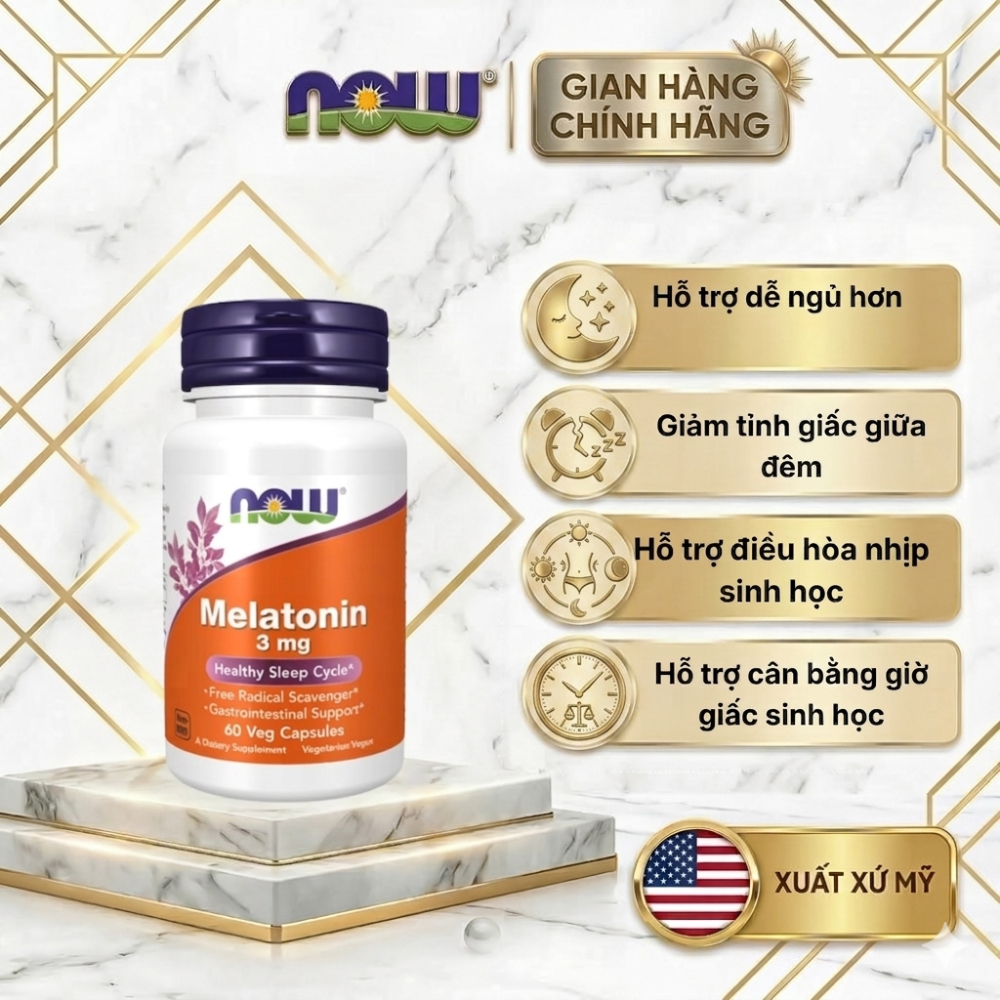 Viên uống Melatonin 3mg Now (60 viên) tác dụng nhanh, hỗ trợ cải thiện giấc ngủ an toàn, hiệu quả