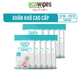 KHO Q12_Thùng 10 Túi Khăn Khô Đa Năng Cao Cấp ECOBI 270 Tờ An Toàn Cho Em Bé
