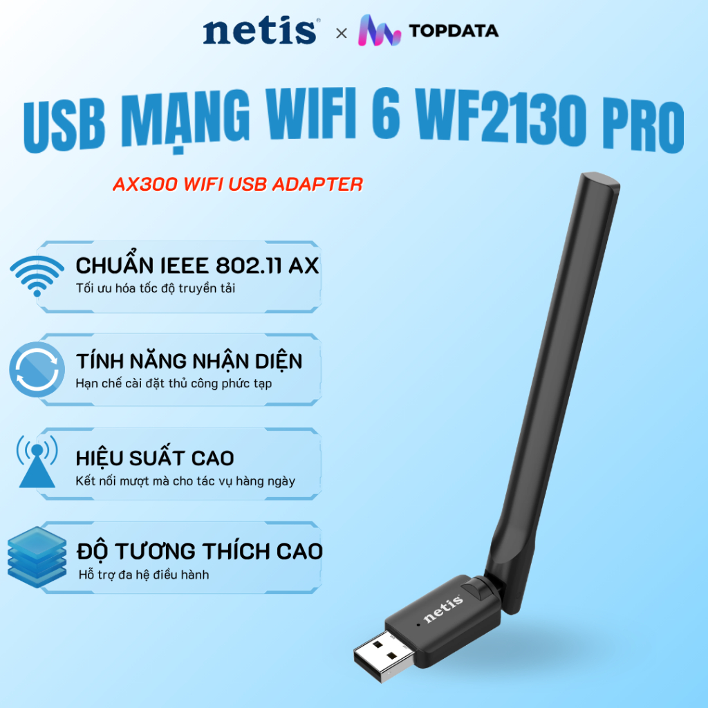 USB Thu Sóng Wifi 6 Netis WF2130 PRO -- Ăng Ten Cải Tiến - Tự Nhận Driver Tiện Lợi, Nhỏ Gọn