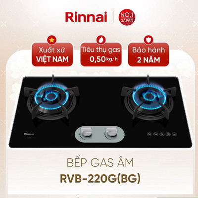 [CHÍNH HÃNG] Bếp gas âm Rinnai RVB-220G(BG) - Mặt bếp kính và kiềng phủ men gang