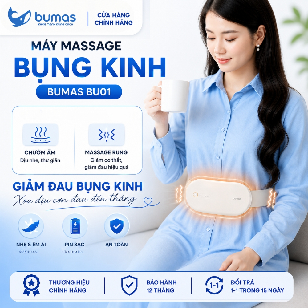 [Tặng Túi Giấy] Đai Chườm Nóng Massage Bụng BUMAS BU01 - Massage Giảm Đau Bụng Kinh - Chườm Ấm Bụng