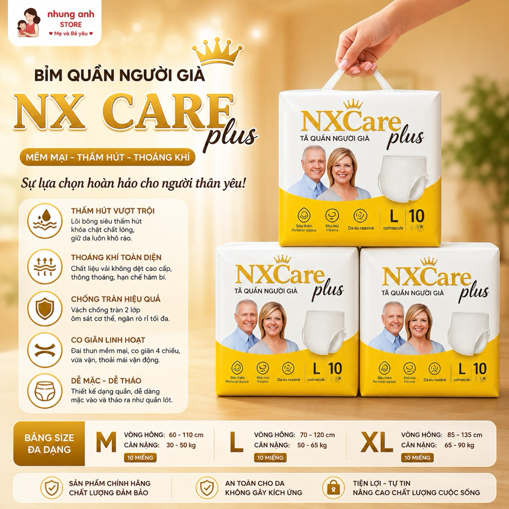 Bỉm quần người già NXCARE plus cao cấp size M L XL, dành cho người hạn chế về vận động