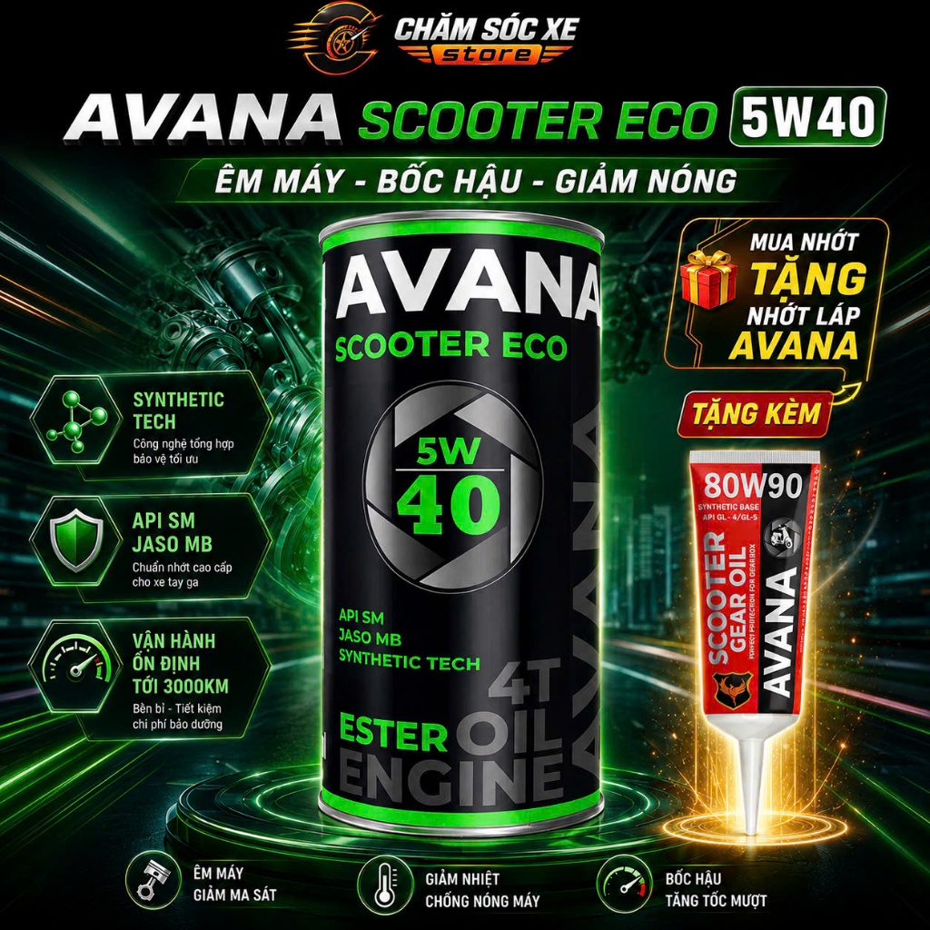 Dầu Nhớt Dành Cho Xe Tay Ga Avana Scooter Eco 5w40 800ml Kèm 1 Láp Avana 80w90
