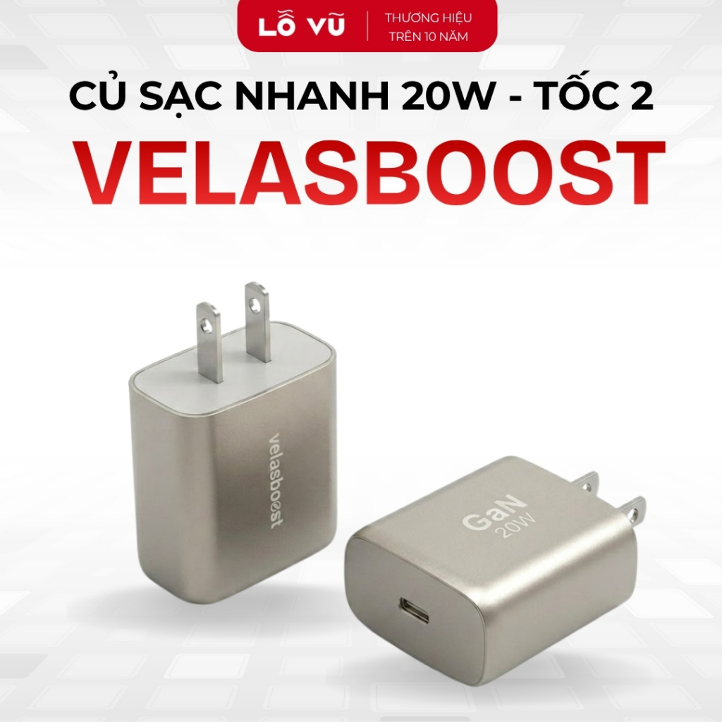 (Mới) Củ Sạc Nhanh 20W Velasboost, Sạc Nhanh PD/PPS 20W, Cổng Sạc Type-C, Công Nghệ GaN, Vỏ PC + ABS