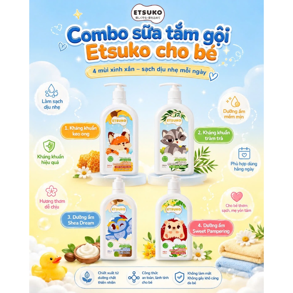 Sữa Tắm Gội 2in1 ETSUKO Cho Bé 600ml Dưỡng Ẩm & Làm Sạch Dịu Nhẹ (Qùa tặng cáo bông)