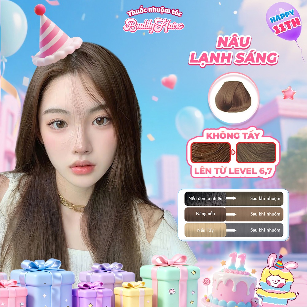 Thuốc nhuộm tóc Nâu Lạnh Sáng, Nâu Lạnh, Nâu Trà Sáng không cần dùng Thuốc tẩy tóc Buddyhairs, Buddy