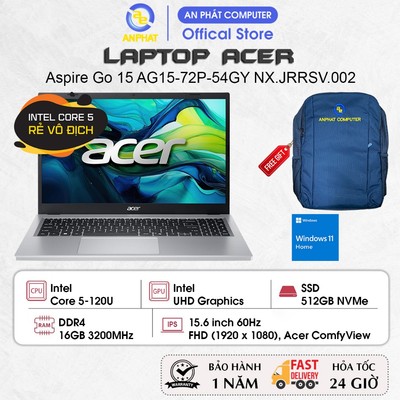 Laptop Acer Aspire Go 15 AG15-72P-54GY, Core 5-120U, UHD Graphics, 16GB RAM, 512GB SSD, 15.6 inch FHD, Win11