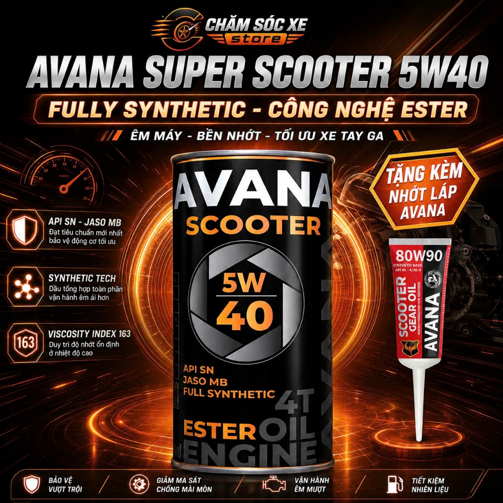 Dầu Nhớt Dành Cho Xe Tay Ga Avana Super Scooter 5w40 Dung Tích 800ml Tặng Kèm 1 Láp Avana 80w90