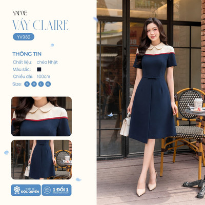 Váy Nữ Thiết Kế YAME Dáng A Cổ Sen Dáng Dài 100cm Xanh Navy - YV982