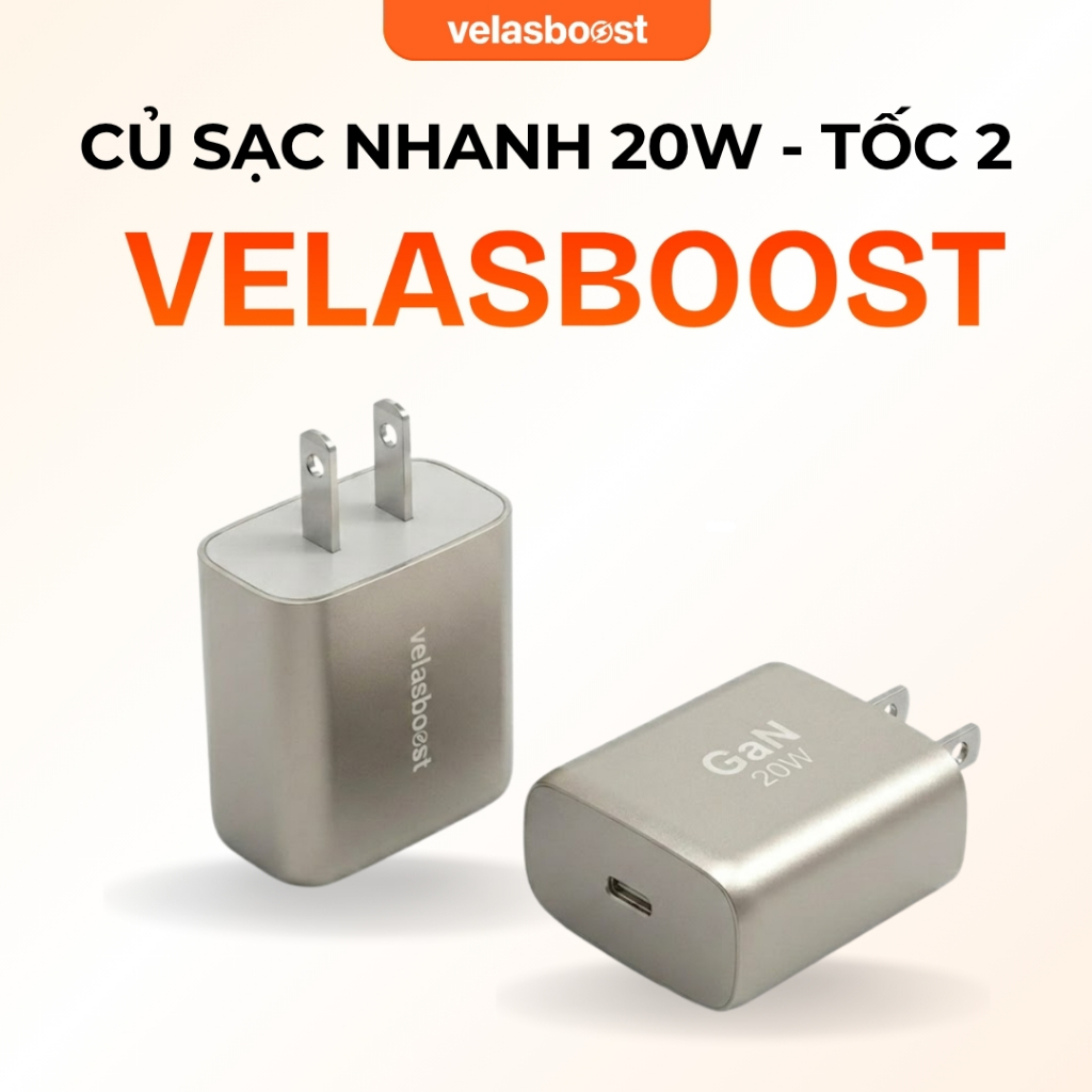 Bộ sạc nhanh 20W Velasboost, Sạc Nhanh PD/PPS, Cổng Sạc Type-C, Công Nghệ GaN Thông Minh, Vỏ Nhám AB