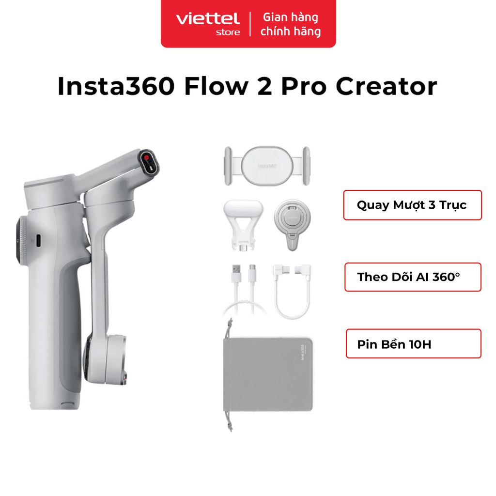 Gimbal Chống Rung Điện Thoại Insta360 Flow 2 Pro Creator Bundle | Theo Dõi AI 360° | Pin 10 Giờ