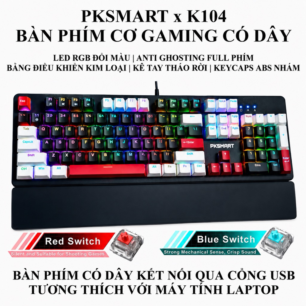 Bàn Phím Cơ Gaming Có Dây PKSMART - BLACK S K104 - LED RGB 15 Hiệu Ứng Và 8 Màu LED Đơn - Anti Ghost