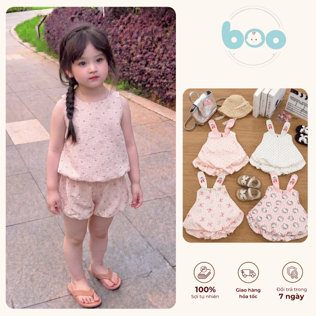 Đồ Bộ Bé Gái Mùa Hè Dáng Jumpsuit Bồng Tai Thỏ In Hình Đáng Yêu Chất Đũi Mềm Mát - MH13