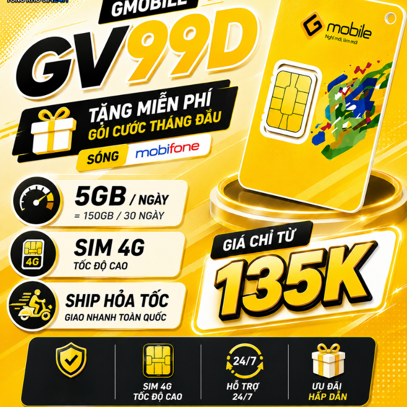 Sim Data Gmobile Miễn Phí 150GB Tốc Độ Cao Tháng Đầu Sóng Mobifone GV99D (ĐKCC Để Dùng Sim)
