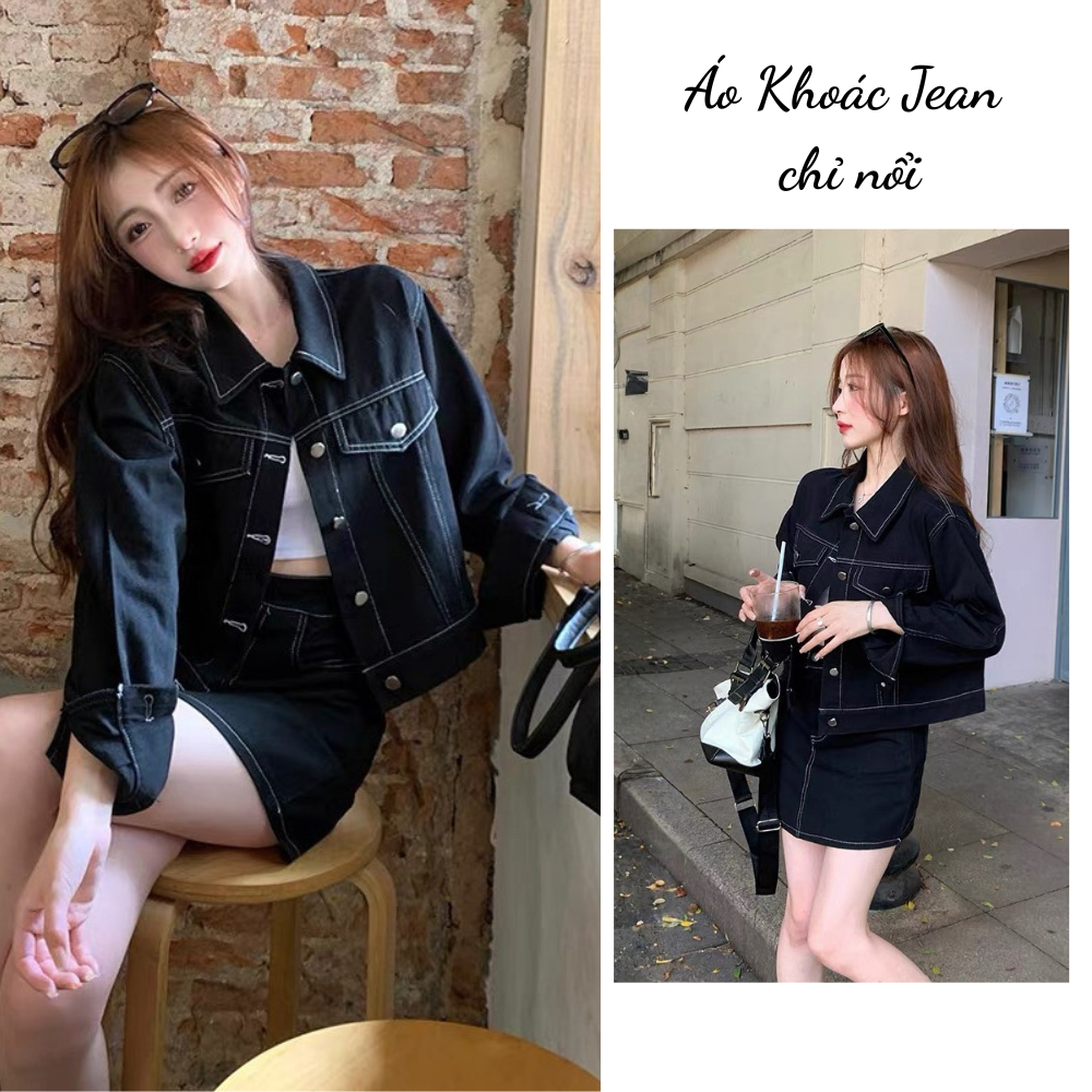 Áo khoác jeans nữ MIAA phối cổ và tay kẻ caro nâu xanh đậm hottrend freesize(42-60kg)