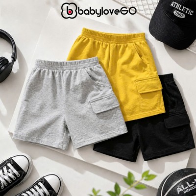 Quần short đùi bé trai BabyloveGO quần đùi cho bé túi nắp giả cạp chun co giãn mềm mịn thoáng mát QT002