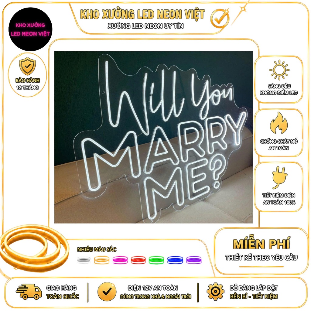 Bảng Đèn LED Neon Will You Marry Me Trang Trí Cầu Hôn, Tiệc Cưới – Đèn Neon Sign Chữ Nghệ Thuật Deco