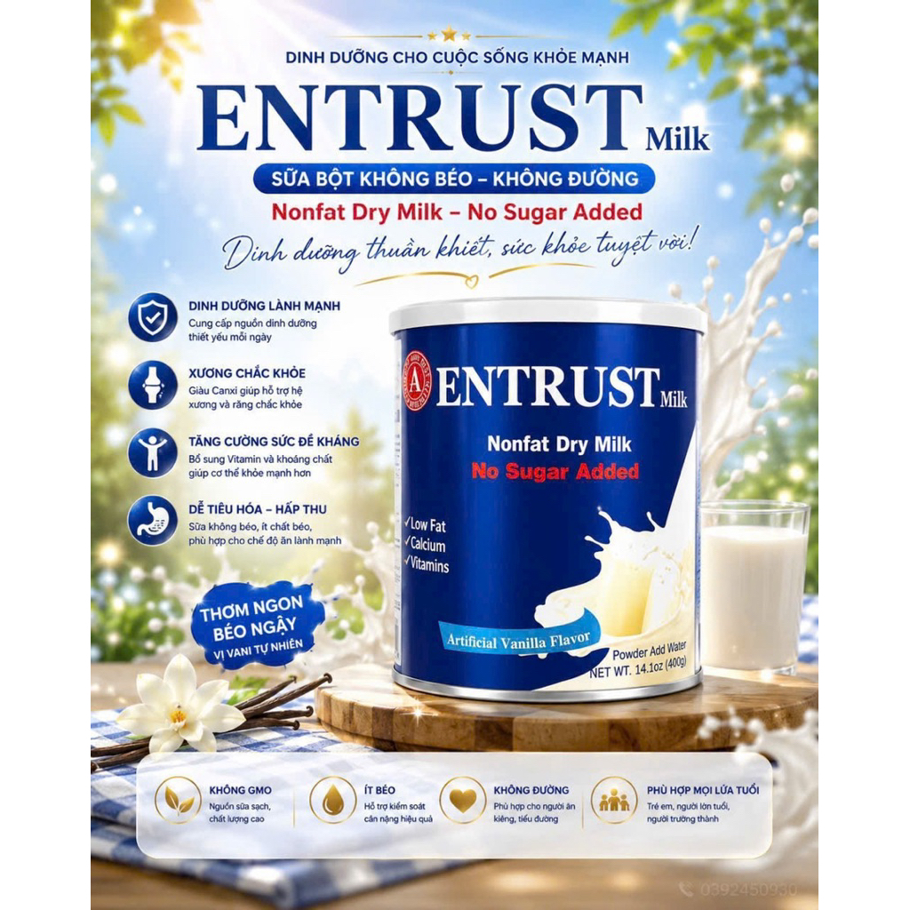 Sữa bột không đường Entrust No Sugar 400g của Mỹ