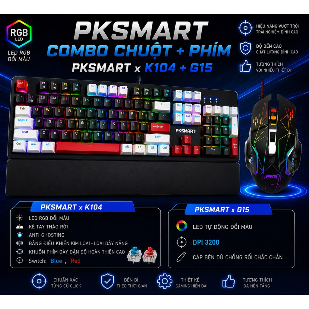 Combo Bàn Phím Cơ Chuột Gaming Có Dây K104 + G15 - LED RGB 15 Hiệu Ứng Và 8 Màu LED Đơn - Anti Ghost