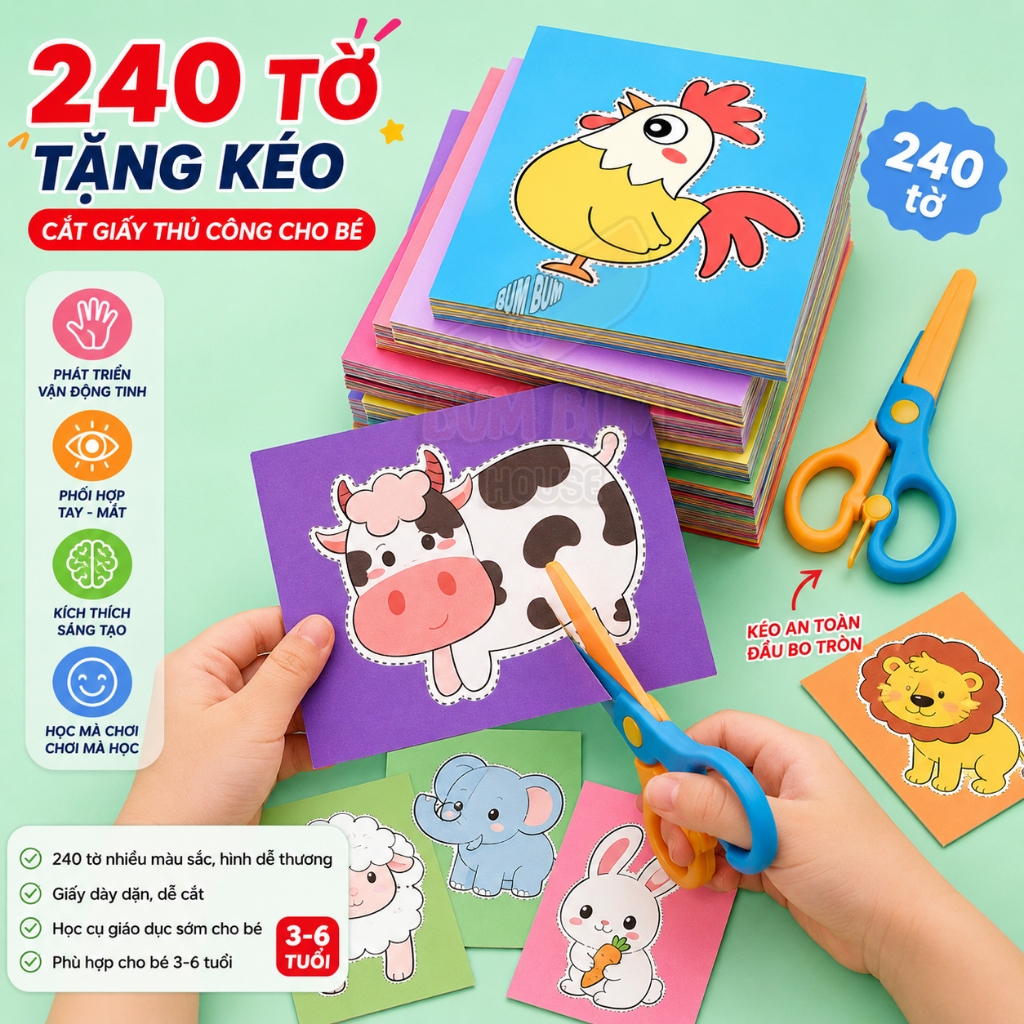 Combo 240 tờ cắt giấy thủ công cho bé kèm kéo an toàn, đồ chơi paper cut giáo dục sớm phát triển vận động