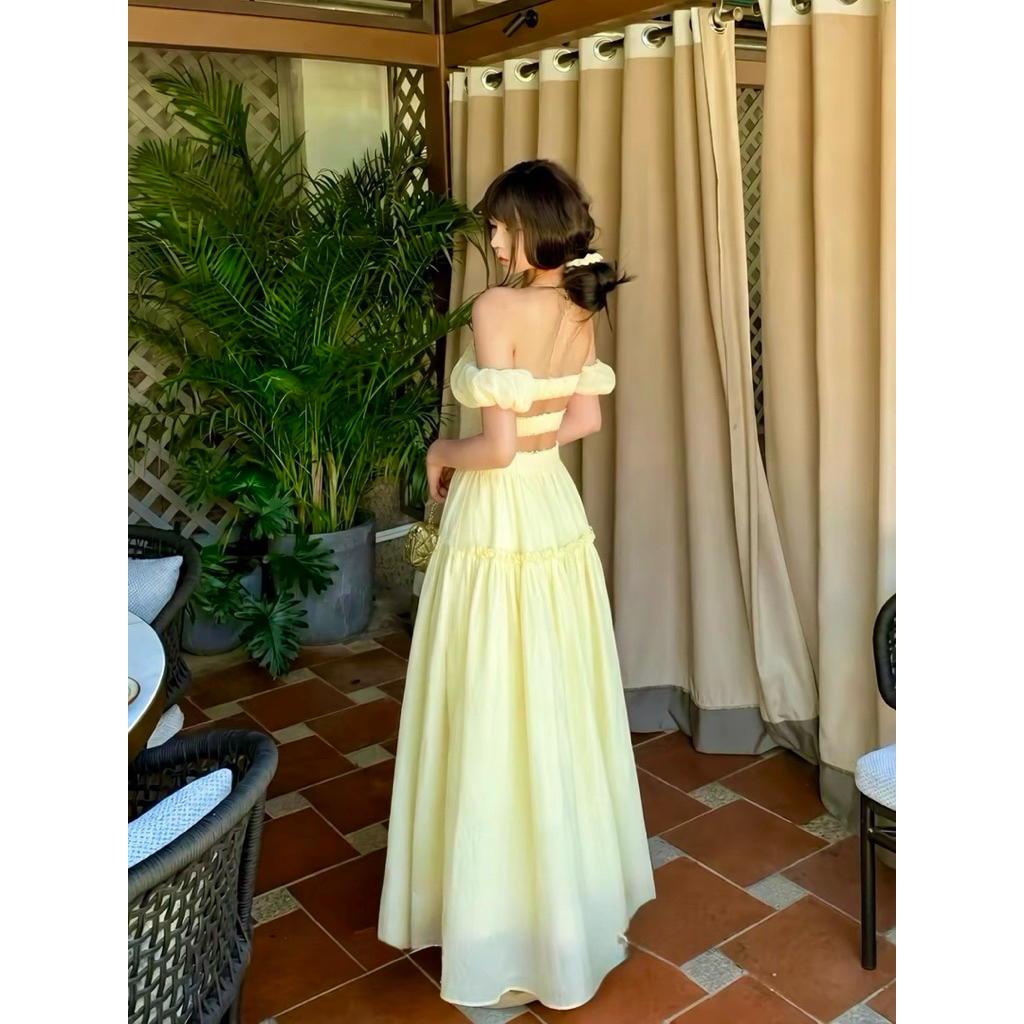 Đầm maxi trễ vai hở lưng màu vàng TABISHOP váy dài nữ mặc hè đi biển sang chảnh (325) | BigBuy360 - bigbuy360.vn